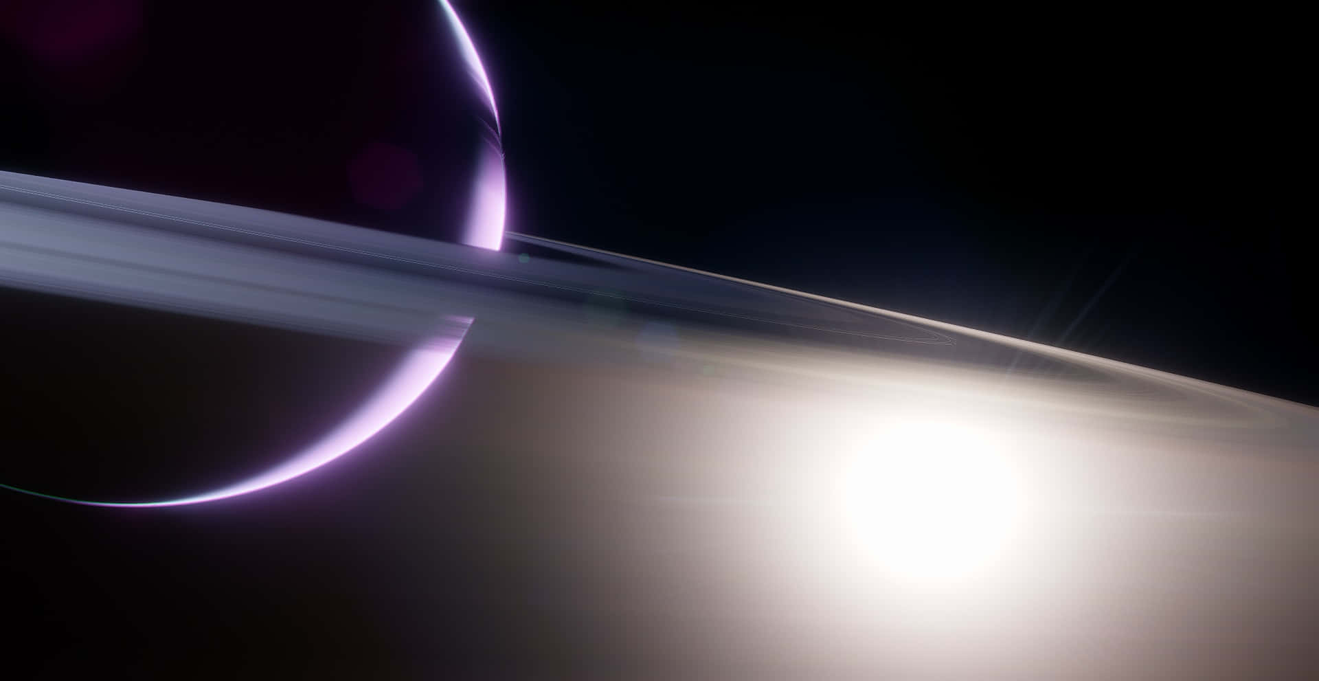 一顆紫色環行星在太空中發光，背後有明亮的太陽耀斑
