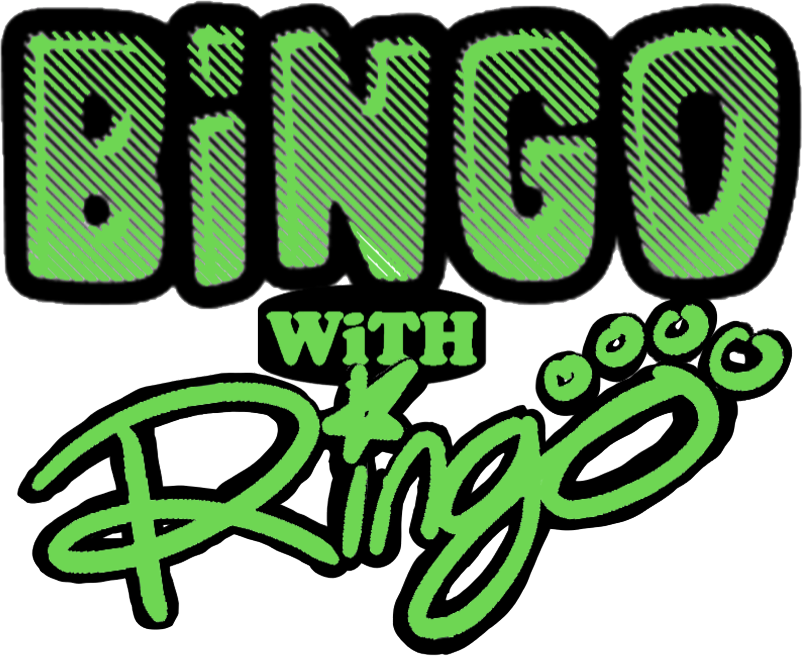 與Ringo一起玩賓果 壁紙 — 黑色背景上，粗體綠色 'BINGO WITH Ringo' 文字，帶有草圖線條和爪印點綴。