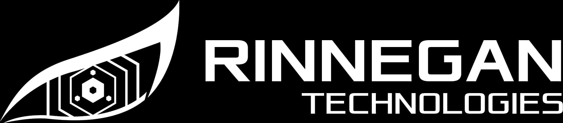 Rinnegan Technologies標誌 壁紙 — Rinnegan Technologies 的時尚白色標誌，採用風格化的眼睛，帶有幾何六邊形圖案，背景為黑色。
