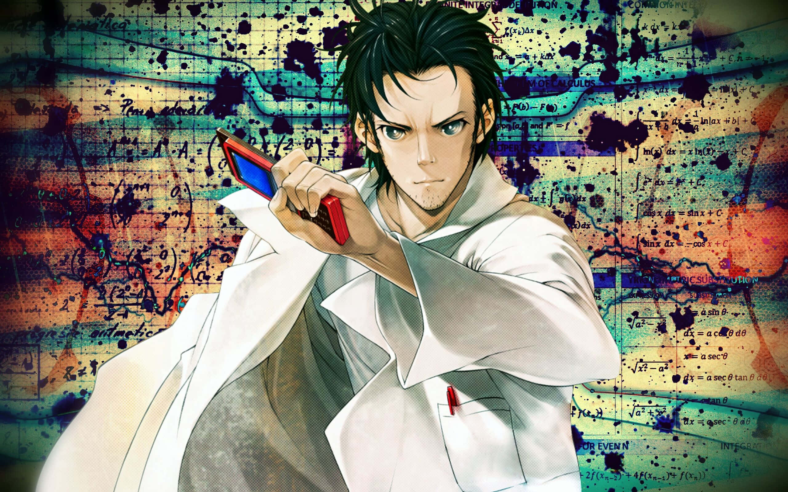 Rintaro Okabe - Steins;Gate的古怪科學家 壁紙 — 一位堅定的動漫科學家穿著白色實驗室外套，在混亂的數學方程式和彩色飛濺背景中手持紅色裝置。
