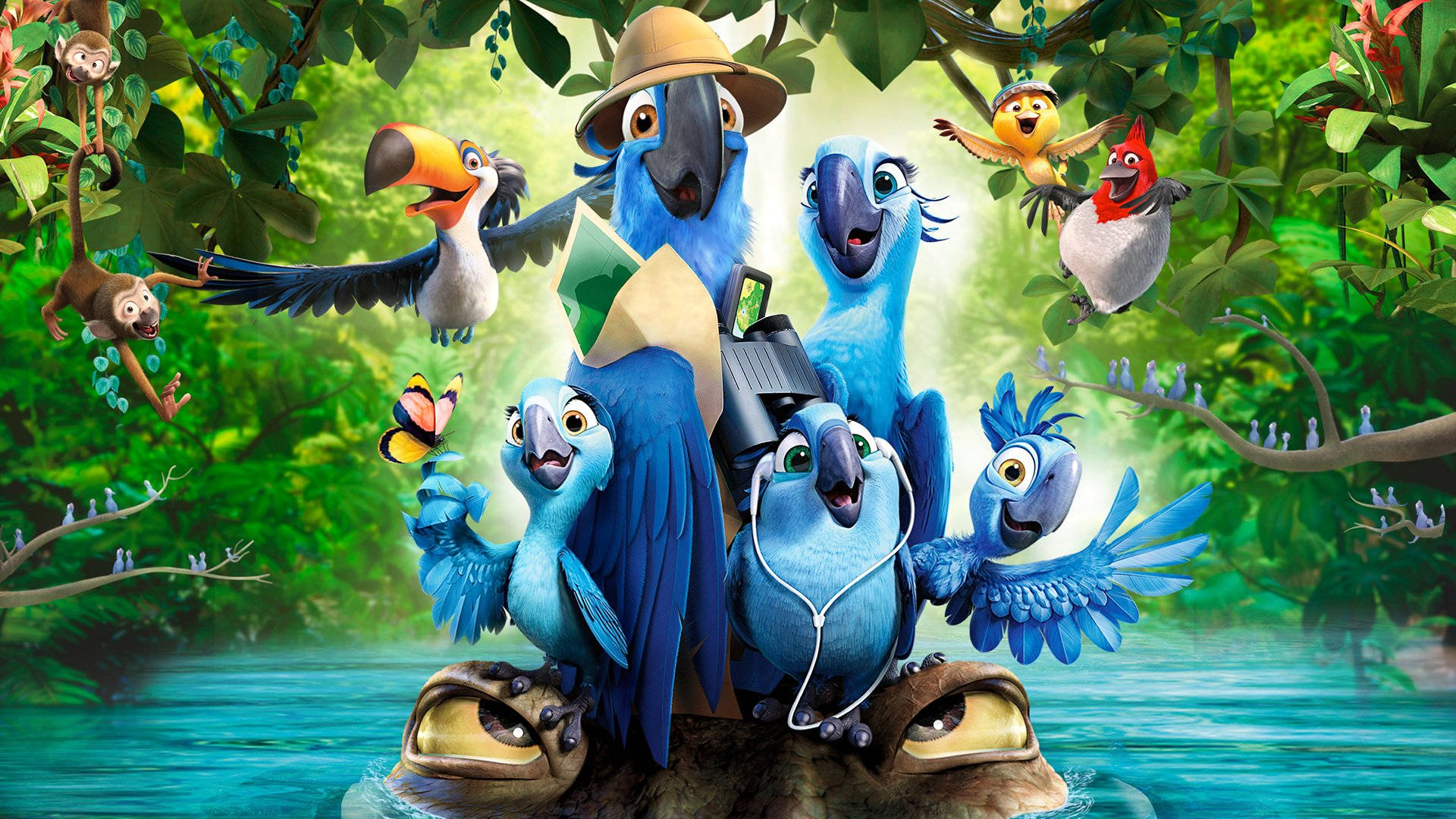 《Rio 2》主要角色 壁紙 — 一群充滿活力的藍色金剛鸚鵡和叢林朋友動畫角色，在綠葉茂密的河流上方木頭上愉快地擺姿勢。