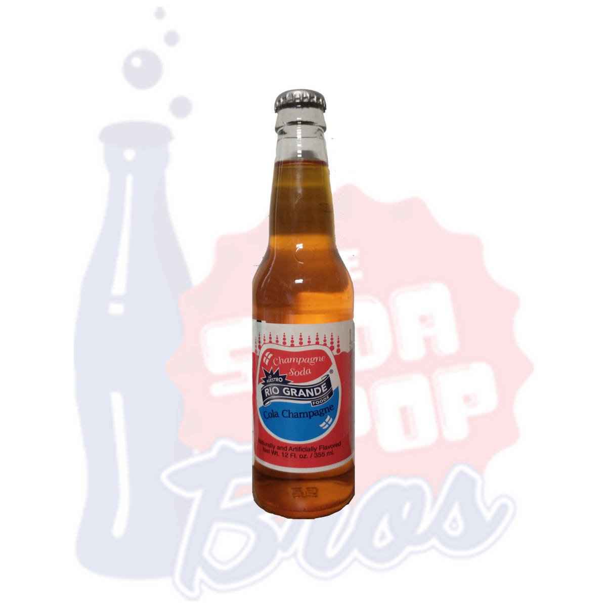 Rio Grande香檳汽水易拉罐 壁紙 — 一個透明玻璃瓶的Rio Grande Cola Champagne汽水，裝有琥珀色液體和銀色瓶蓋，站在白色背景前，帶有淡淡的汽水主題圖案。