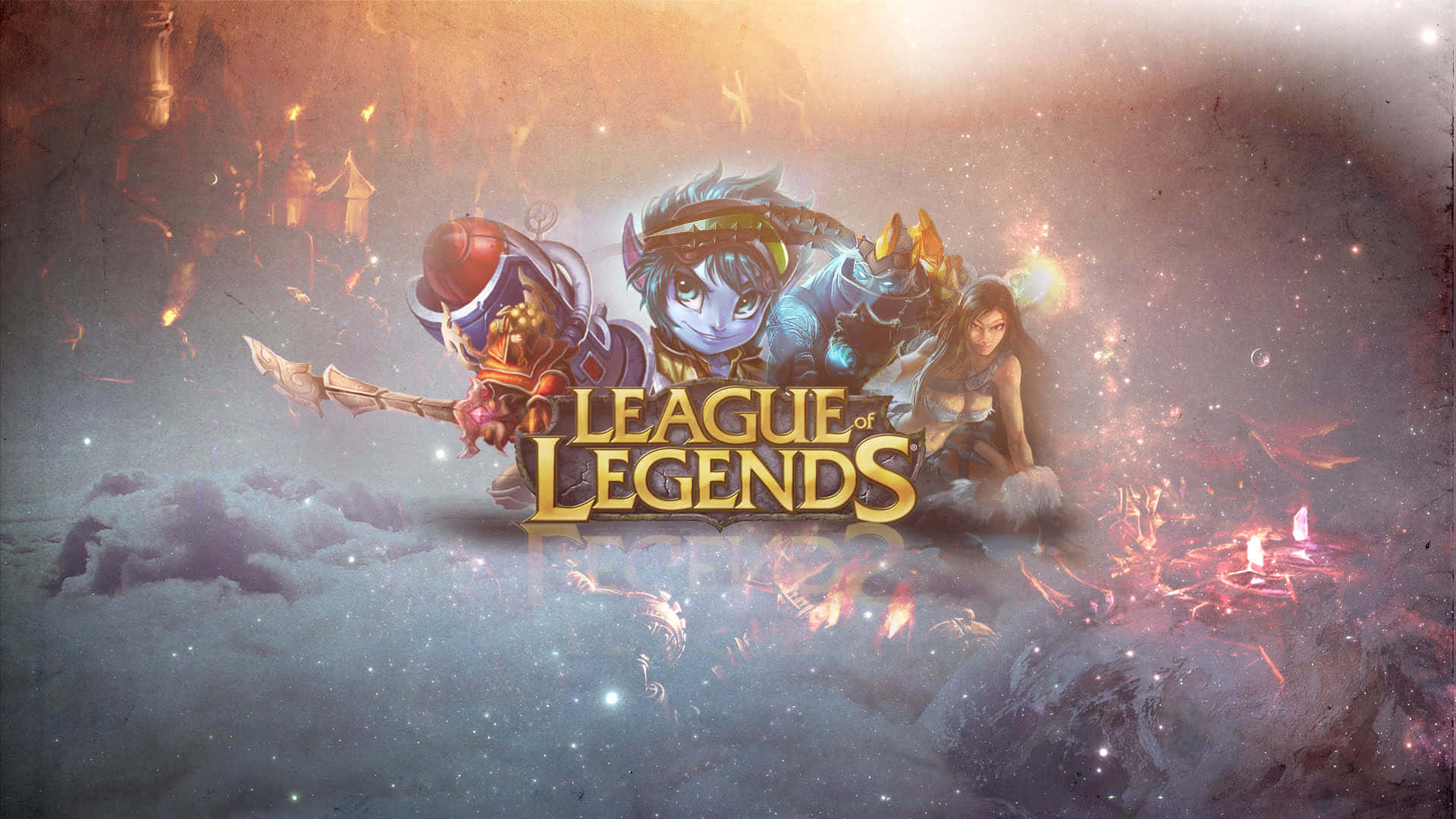 Riot Games 獲獎MOBA遊戲《英雄聯盟》，將遊戲體驗推向巔峰 壁紙 — 三個奇幻角色英勇地站在雲端之上，帶有發光標題文字，背景是宇宙。