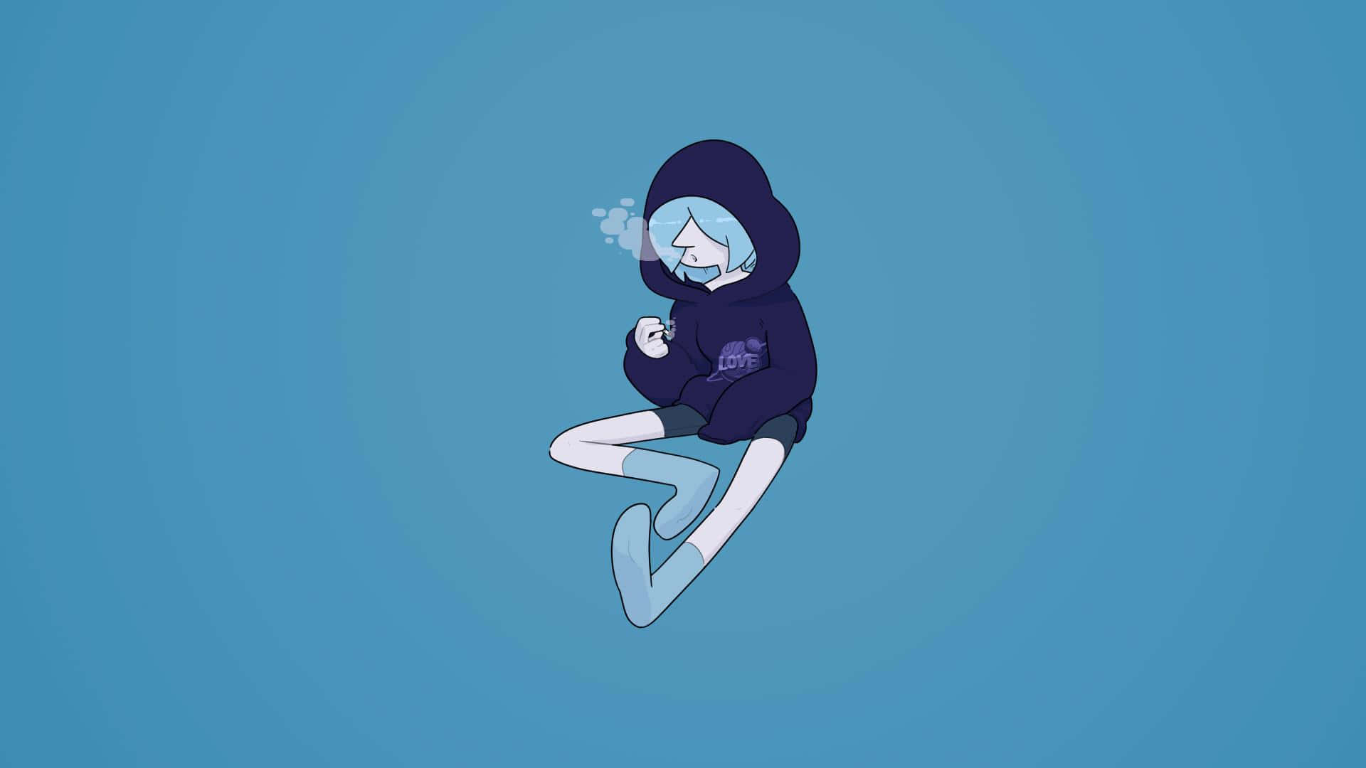 動漫角色在平靜的藍色空間中漂浮，穿著連帽衫