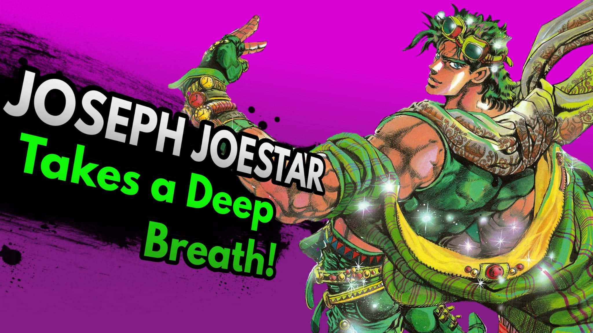 約瑟夫·喬斯達—— Ripple 大師與戰略天才 壁紙 — Joseph Joestar 身穿綠色盔甲，在充滿活力的紫色背景上以粗體文字動態擺姿勢。