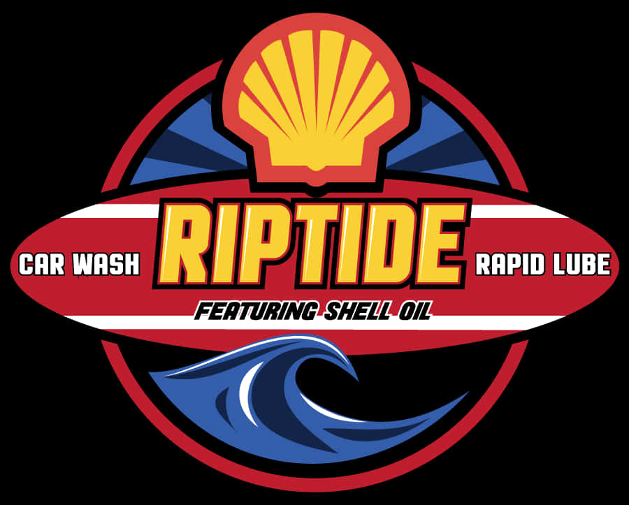 Riptide汽車清洗中心配Shell石油標誌 壁紙 — Riptide Car Wash Rapid Lube 的醒目標誌，採用 Shell Oil，黃色貝殼、紅色衝浪板和藍色波浪，背景為黑色。