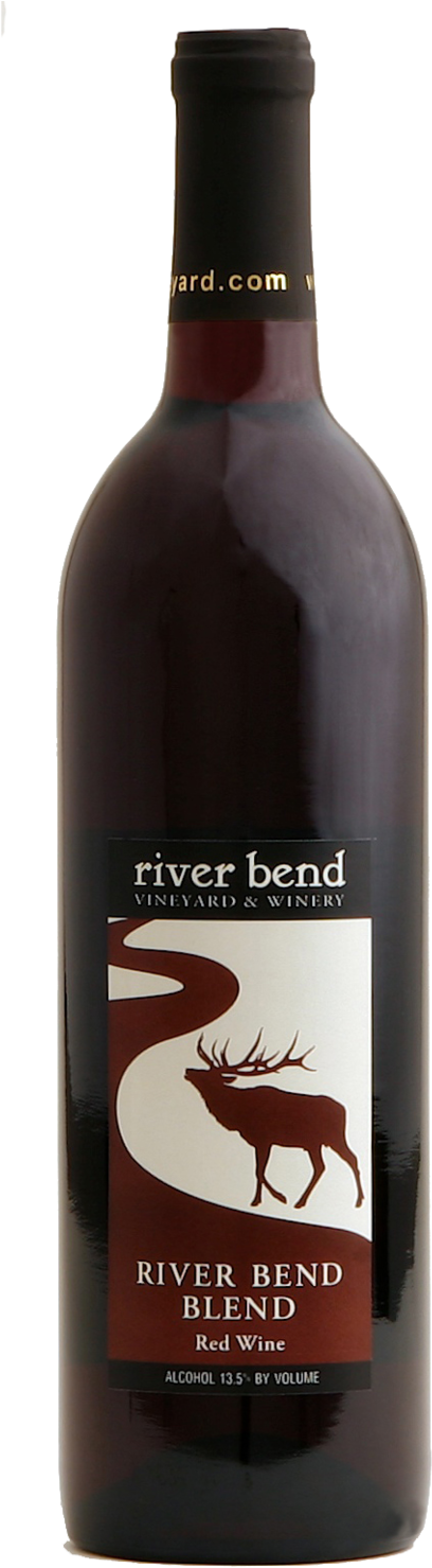 River Bend Blend紅酒瓶 壁紙 — River Bend Vineyard & Winery 的深色玻璃瓶紅酒，標籤上有一個棕色麋鹿剪影，背景為白色和栗色。