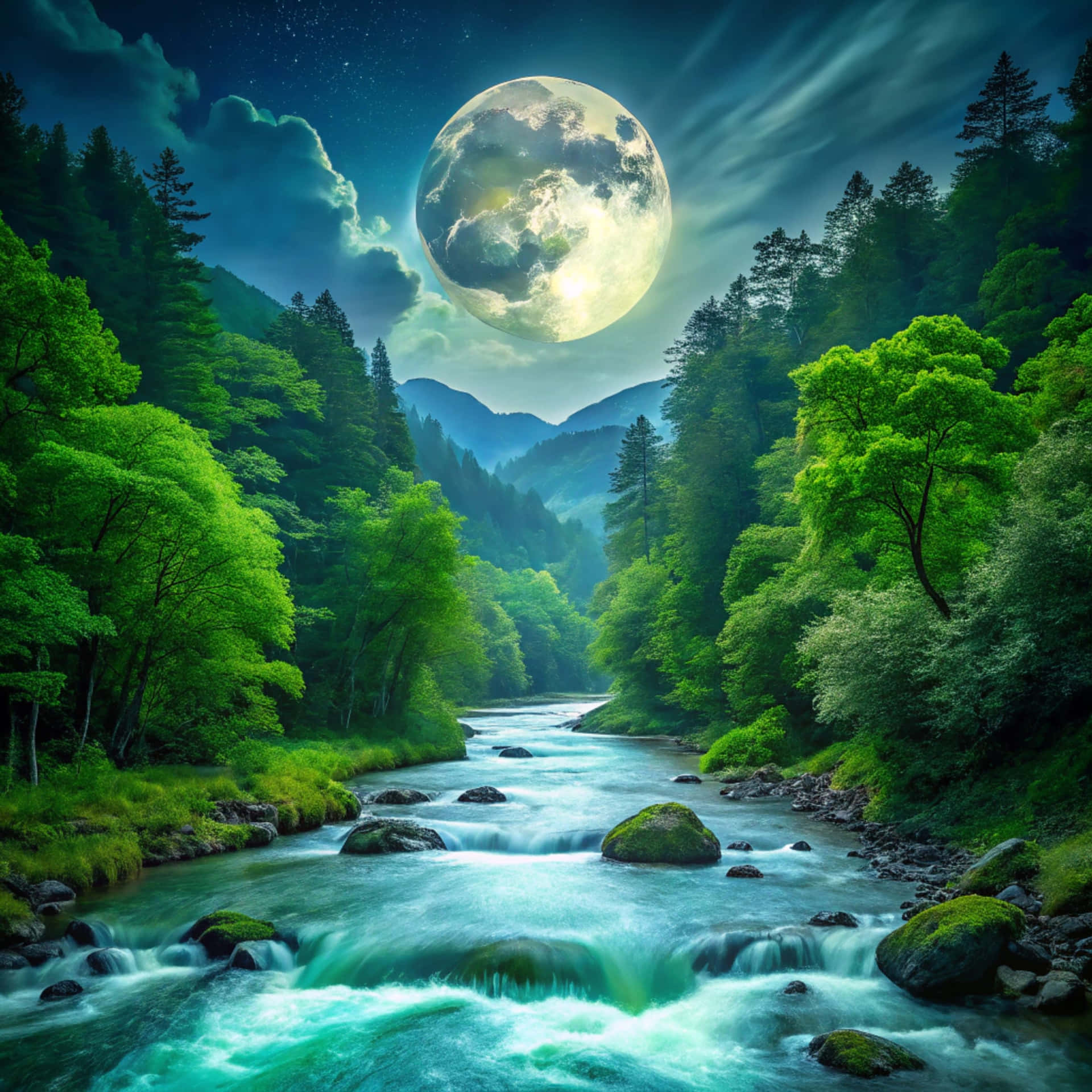 夜晚，一輪發光的月亮照亮了一條湍急的河流，周圍環繞著茂密的綠樹和遠山。