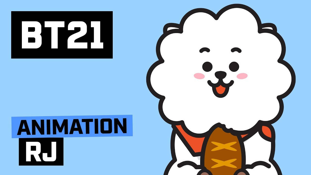 RJ BT21手拿麵包 壁紙 — 一個開心的卡通雲角色，面帶微笑，在淺藍色背景上拿著一個棕色袋子，上面有粗體文字標籤。