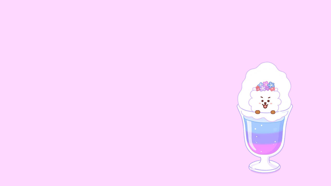 RJ BT21坐在彩虹雪糕上 壁紙 — 一隻可愛的卡通狗從一杯分層的紫色和藍色奶昔中探出頭來，上面有鮮奶油和花朵。