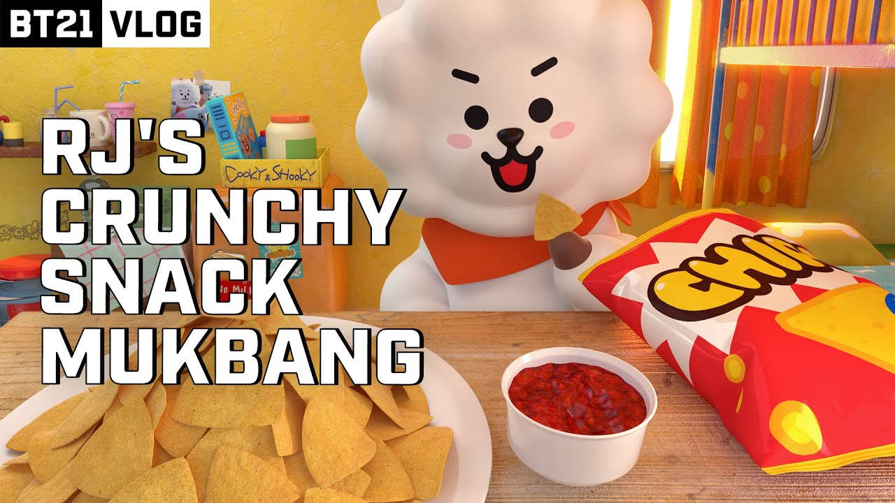 BT21角色在零食放送期間吃薯片和莎莎醬。