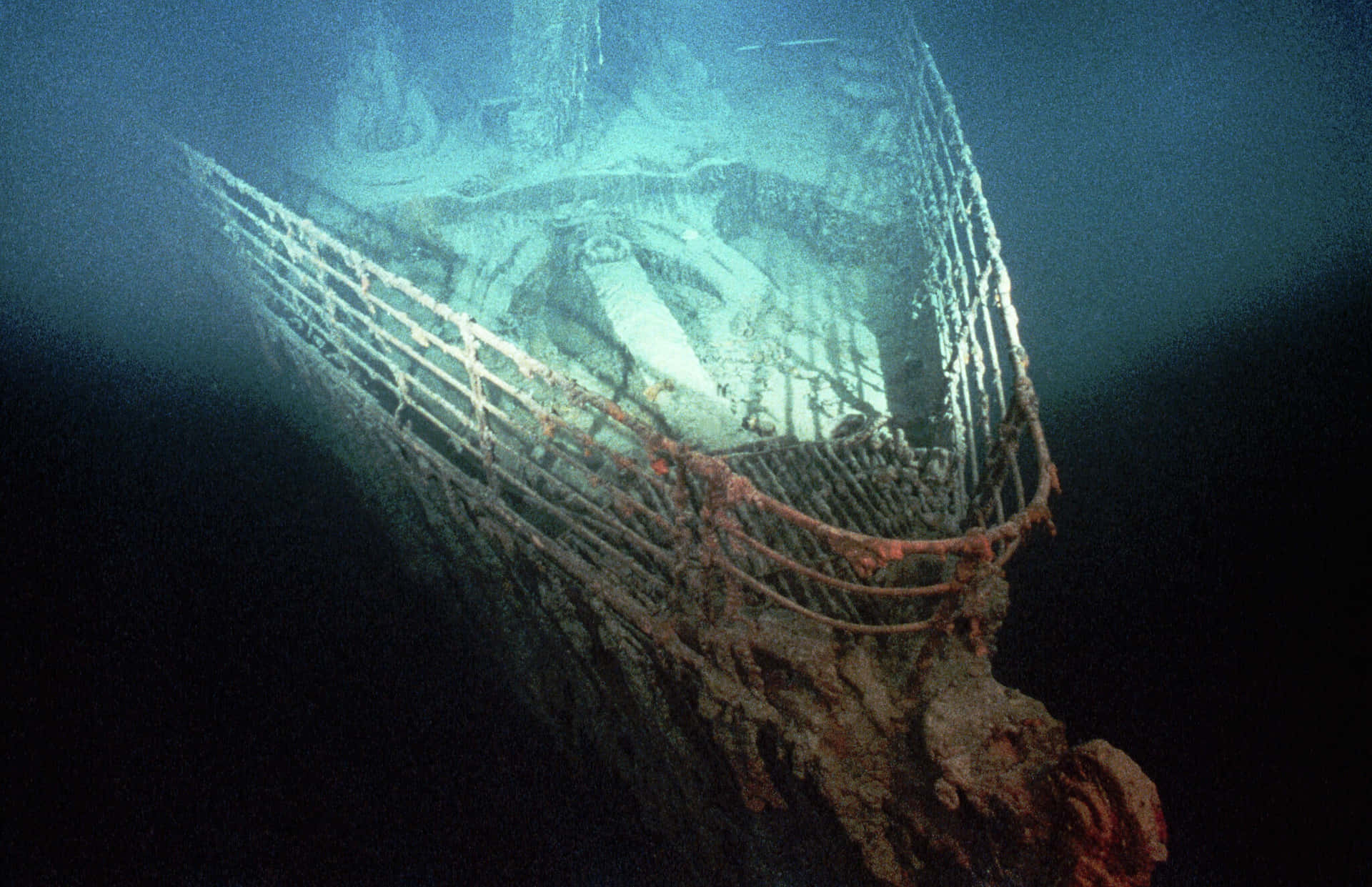 深海黑暗中帶有海洋生物的生鏽沉船