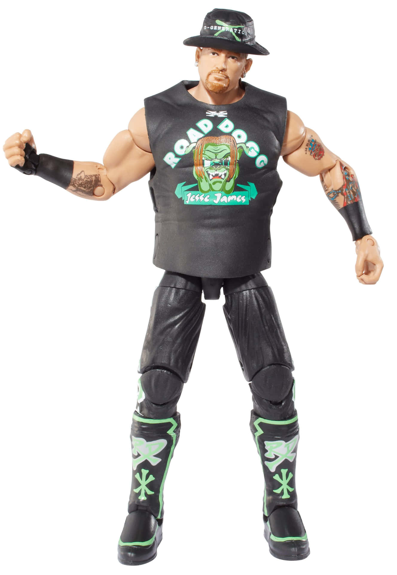 Road Dogg WWE精選人偶 壁紙 — 一個肌肉發達的WWE動作人偶，Jesse James，身穿黑色背心和帶有綠色骷髏圖案的靴子，在白色背景前擺姿勢。