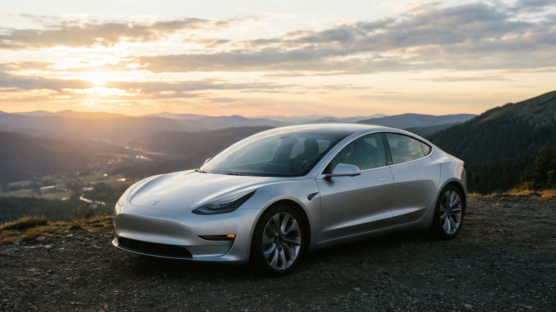 銀色 Tesla Model 3 停在日落時分的山路，背景有丘陵。