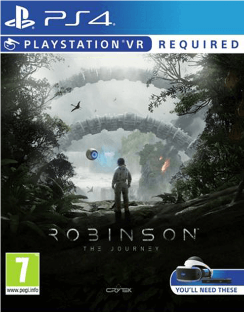 《Robinson: The Journey》PS4 VR遊戲封面 壁紙 — 一位孤獨的探險家站在迷霧籠罩的叢林中，凝視著上方漂浮的巨大未來感環形結構。