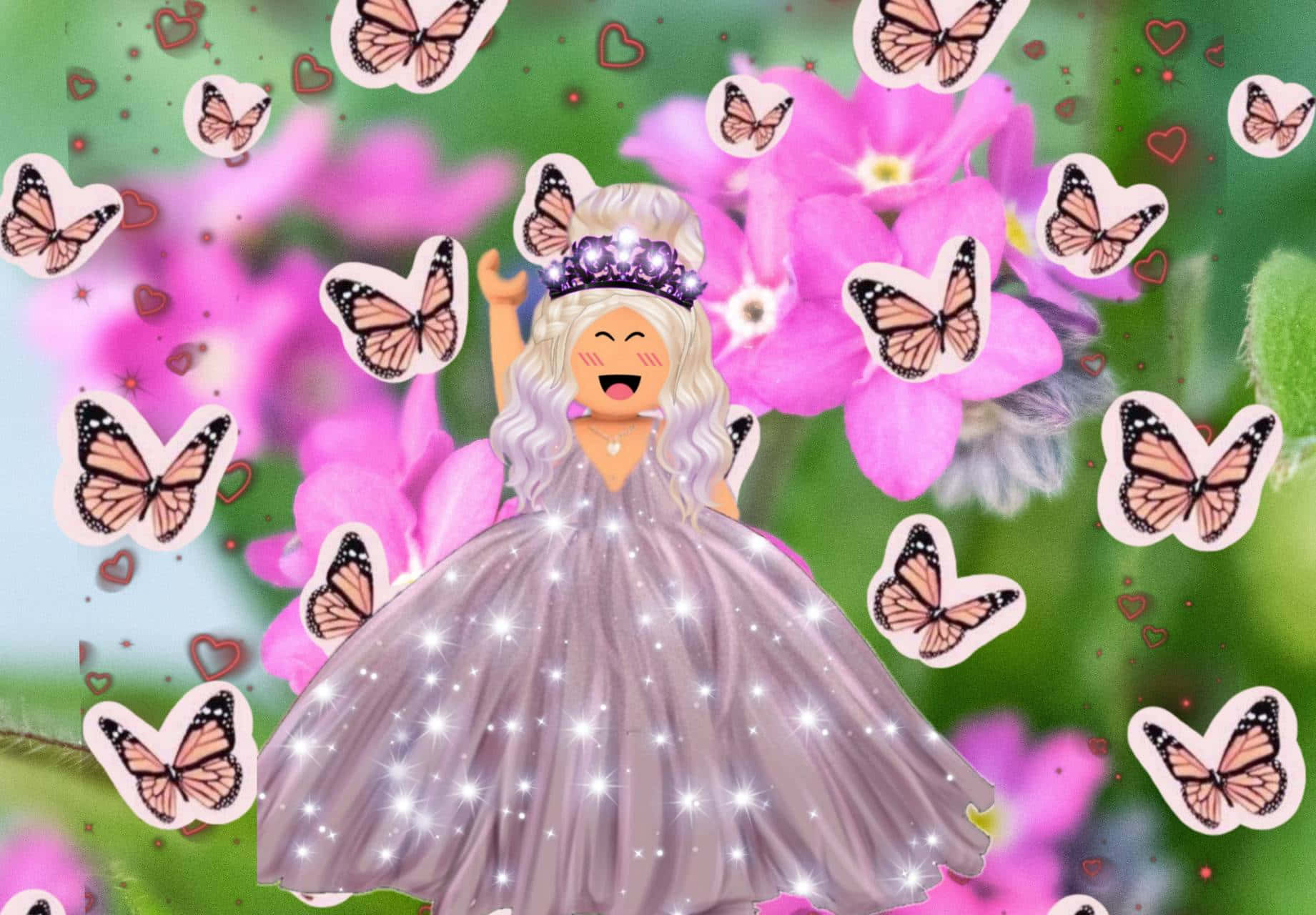 與 Roblox 粉紅一起體驗歡樂與冒險 壁紙 — 一個快樂的卡通女孩穿著閃閃發光的禮服，站在粉紅色的花朵和翩翩起舞的蝴蝶中，心形圖案在她周圍飄浮。