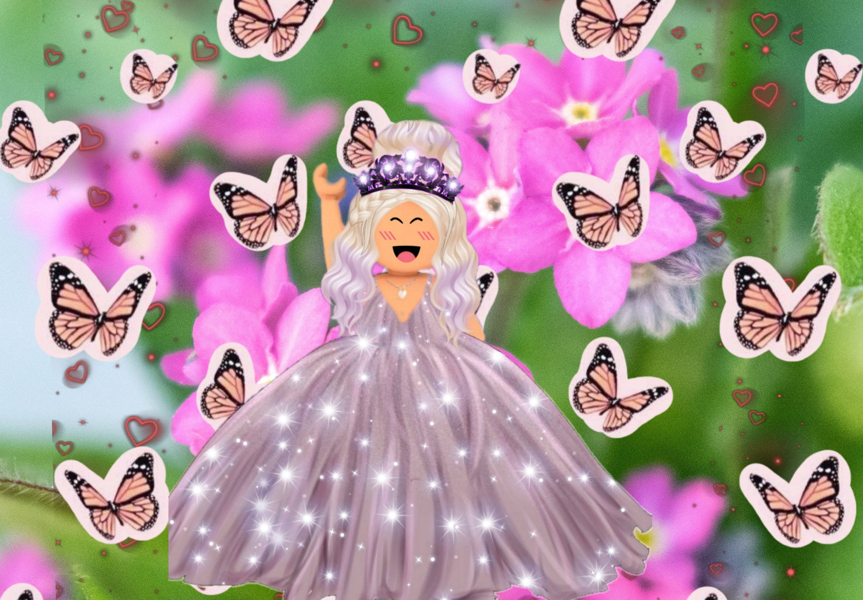 女孩 Roblox 角色與蝴蝶 壁紙 — 一個快樂的 Roblox 頭像穿著閃閃發光的禮服，在粉紅花朵和帝王蝴蝶中跳舞，周圍漂浮著愛心。