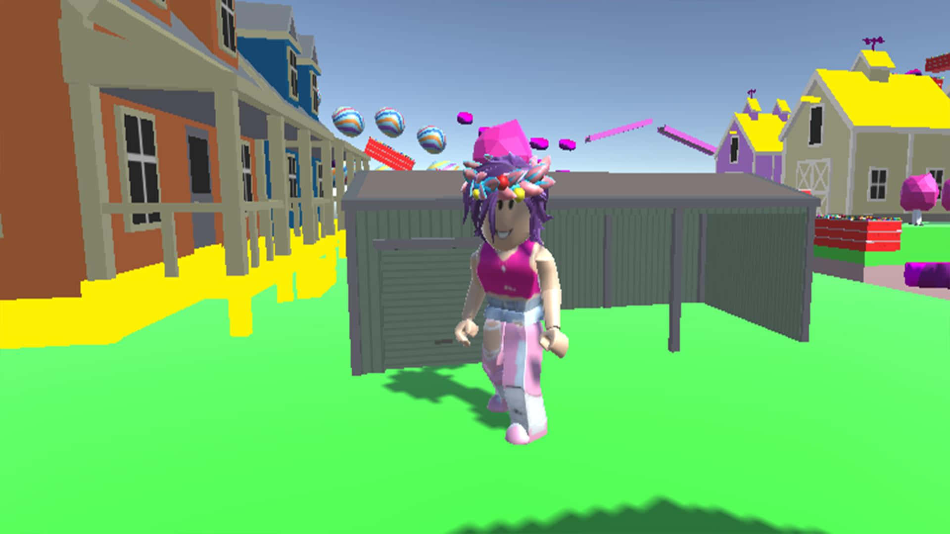 Roblox角色在一個有漂浮物品的彩色像素村莊中跳舞。