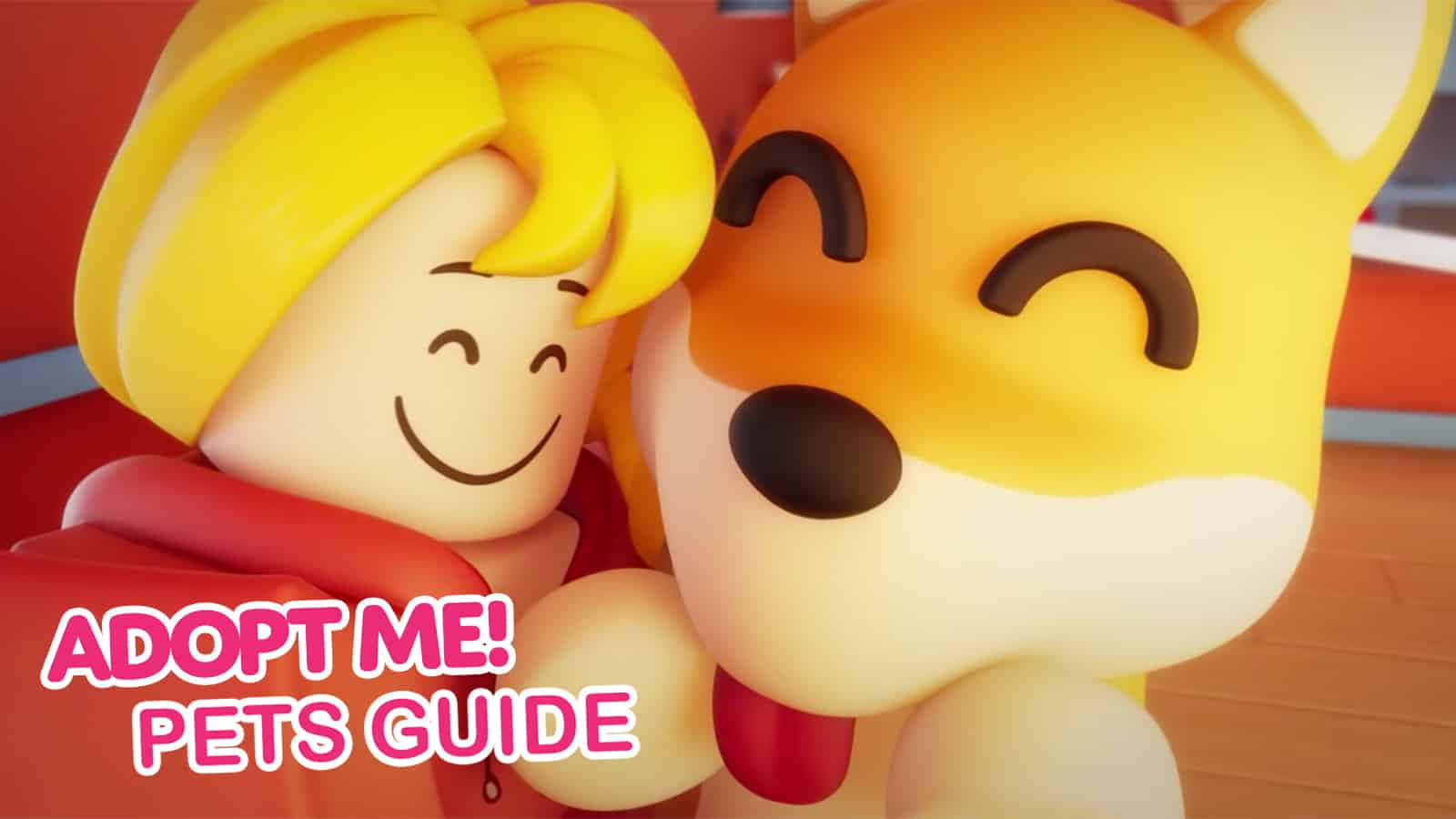 Roblox 拥抱 Adopt Me 寵物圖 壁紙 — 一個開心的卡通角色在明亮的室內環境中擁抱一隻微笑的狐狸寵物。