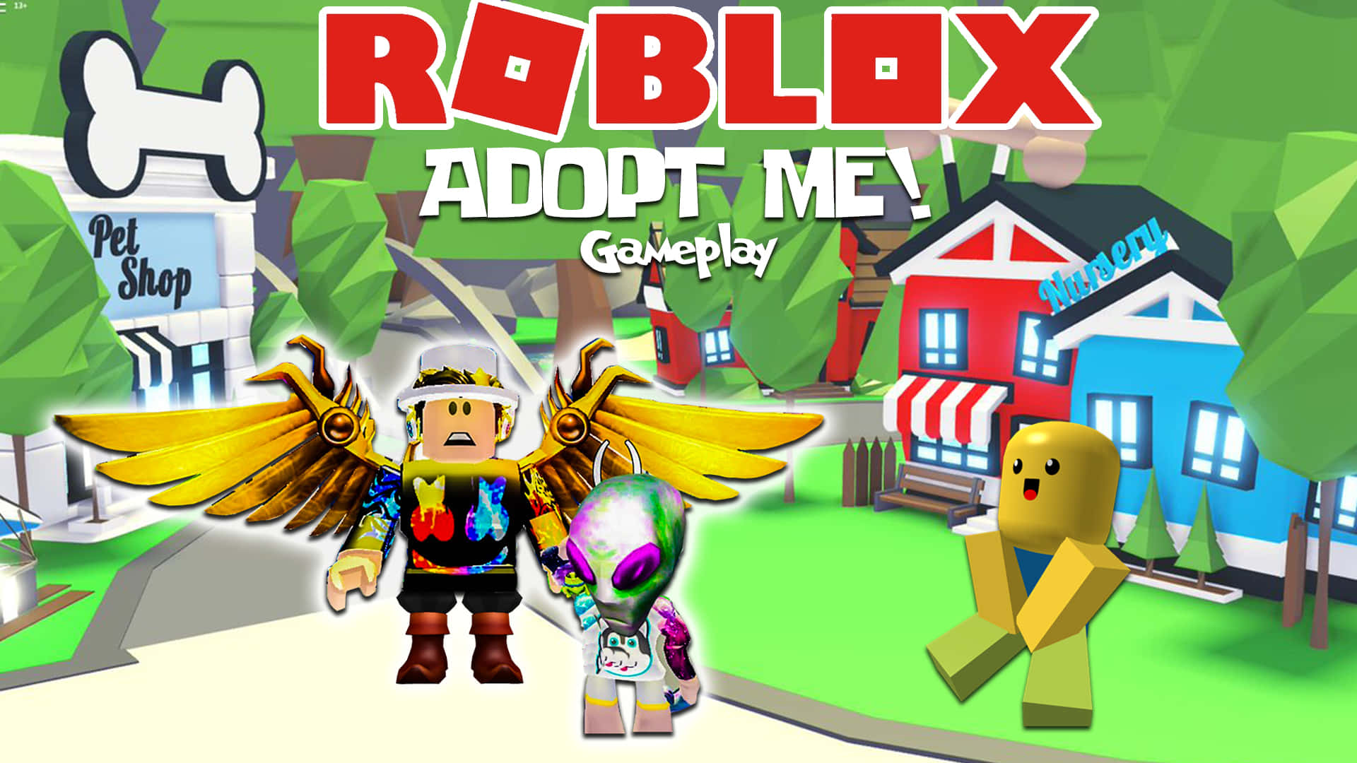 Roblox《Adopt Me》軟糖 壁紙 — Roblox Adopt Me! 遊戲場景，有翼的虛擬角色在寵物店和托兒所建築附近抱著外星寵物。