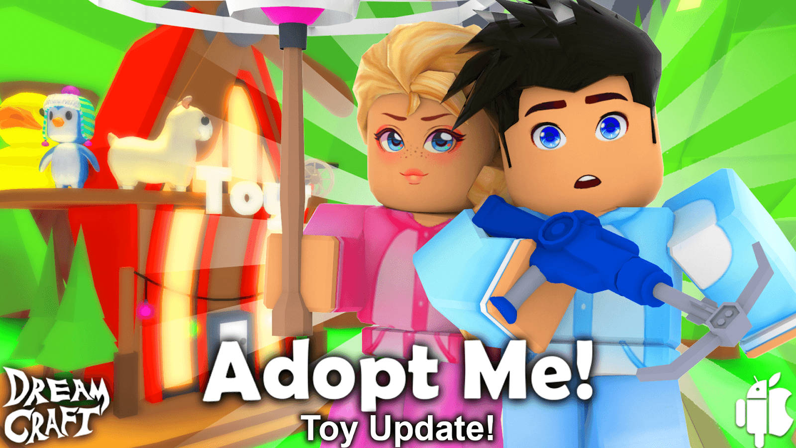 Roblox Adopt Me 玩具更新 壁紙 — 兩個方塊卡通角色在充滿活力的遊戲場景中，帶有玩具更新橫幅和色彩繽紛的背景。