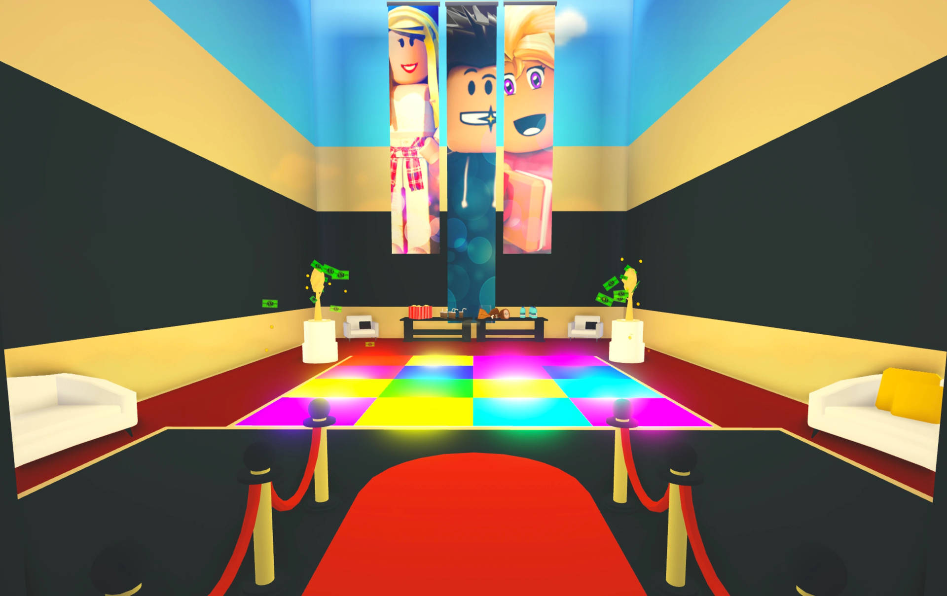 設有彩虹舞池和角色橫幅的 Roblox 派對房間。