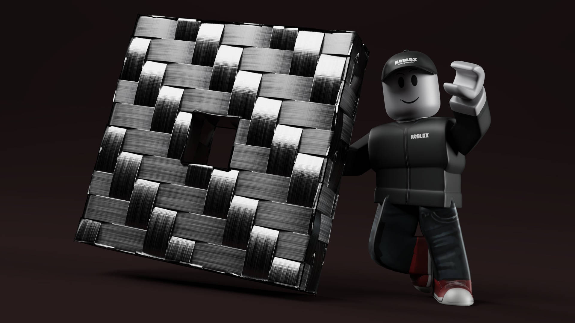 Roblox 角色在昏暗的攝影棚燈光下手持編織金屬立方體。