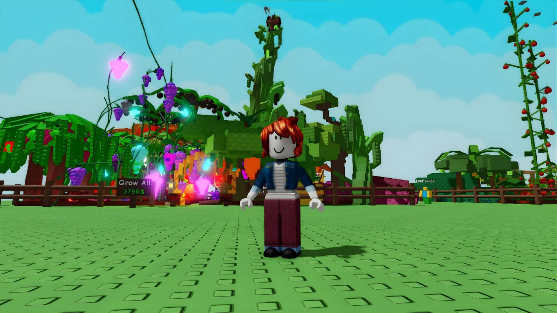  壁紙 — 一個 Roblox 角色站在綠色網格地板上，身處一個充滿活力的像素花園，有發光的植物和方塊樹，上方是明亮的藍天。