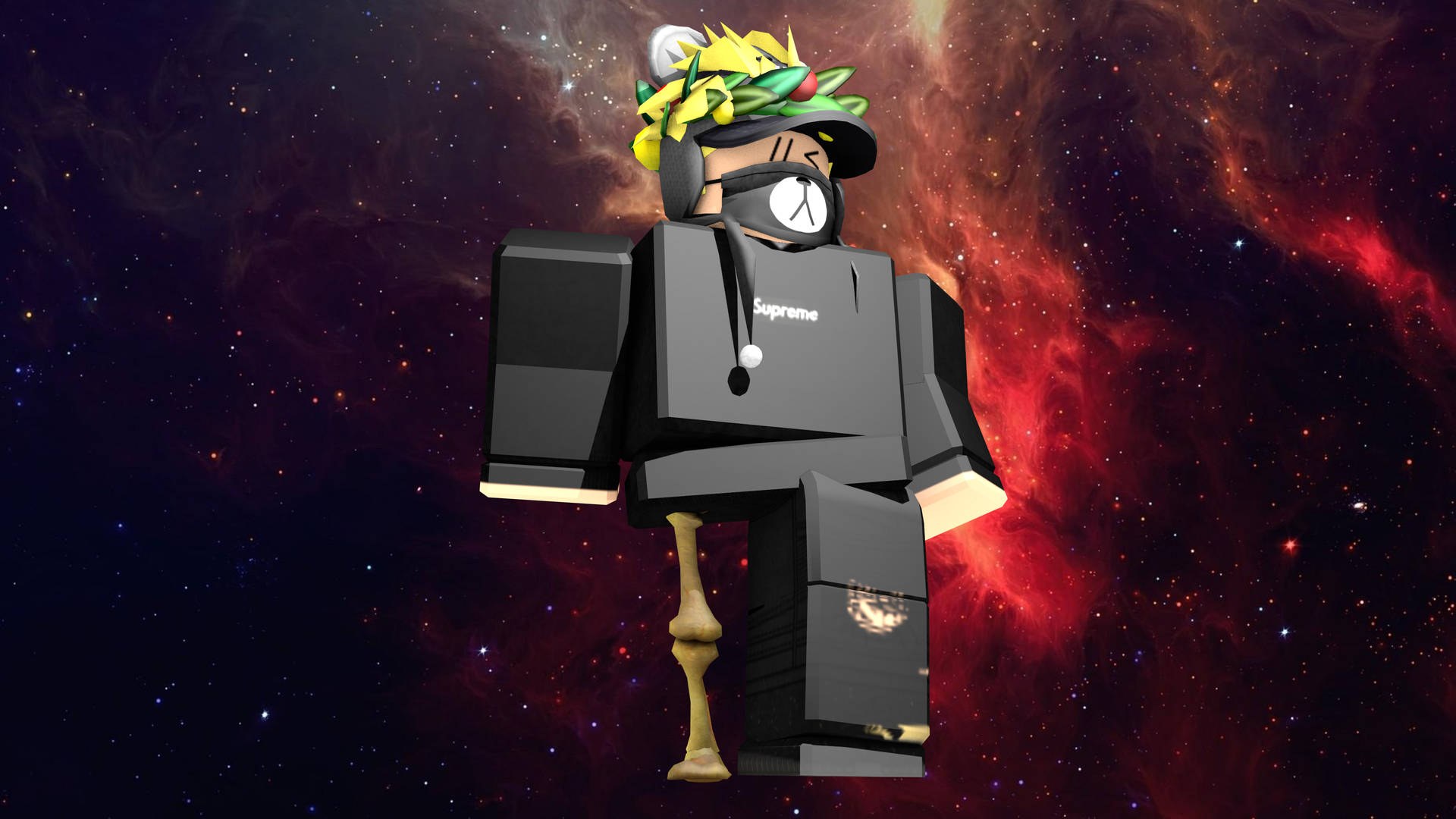 Roblox 頭像穿著 Supreme 服裝和葉冠，背景為色彩繽紛的太空 — 紅黑 壁紙