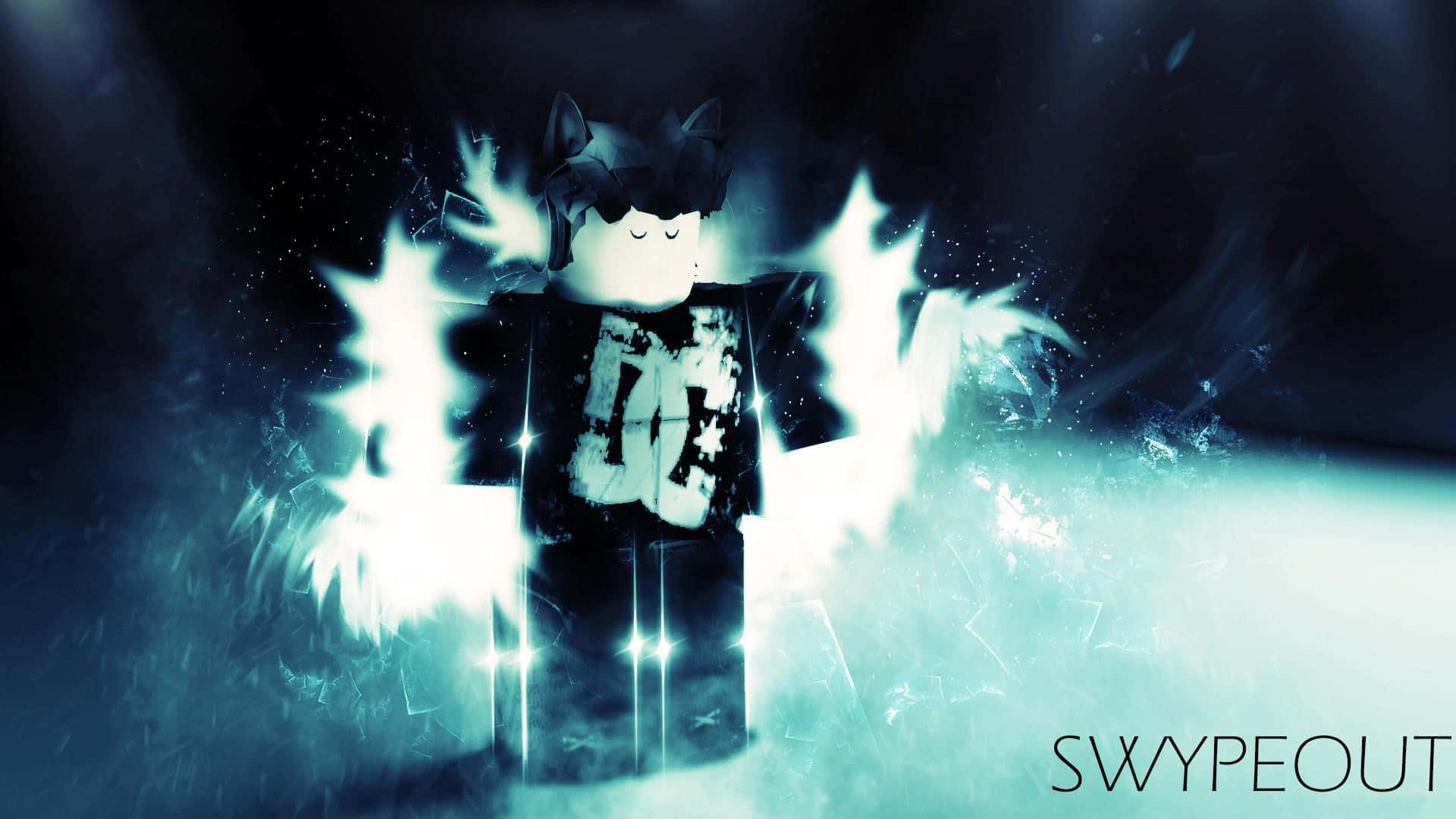  壁紙 — 一個帶有貓耳的 Roblox 頭像在黑暗煙霧背景中散發出明亮的藍色能量。