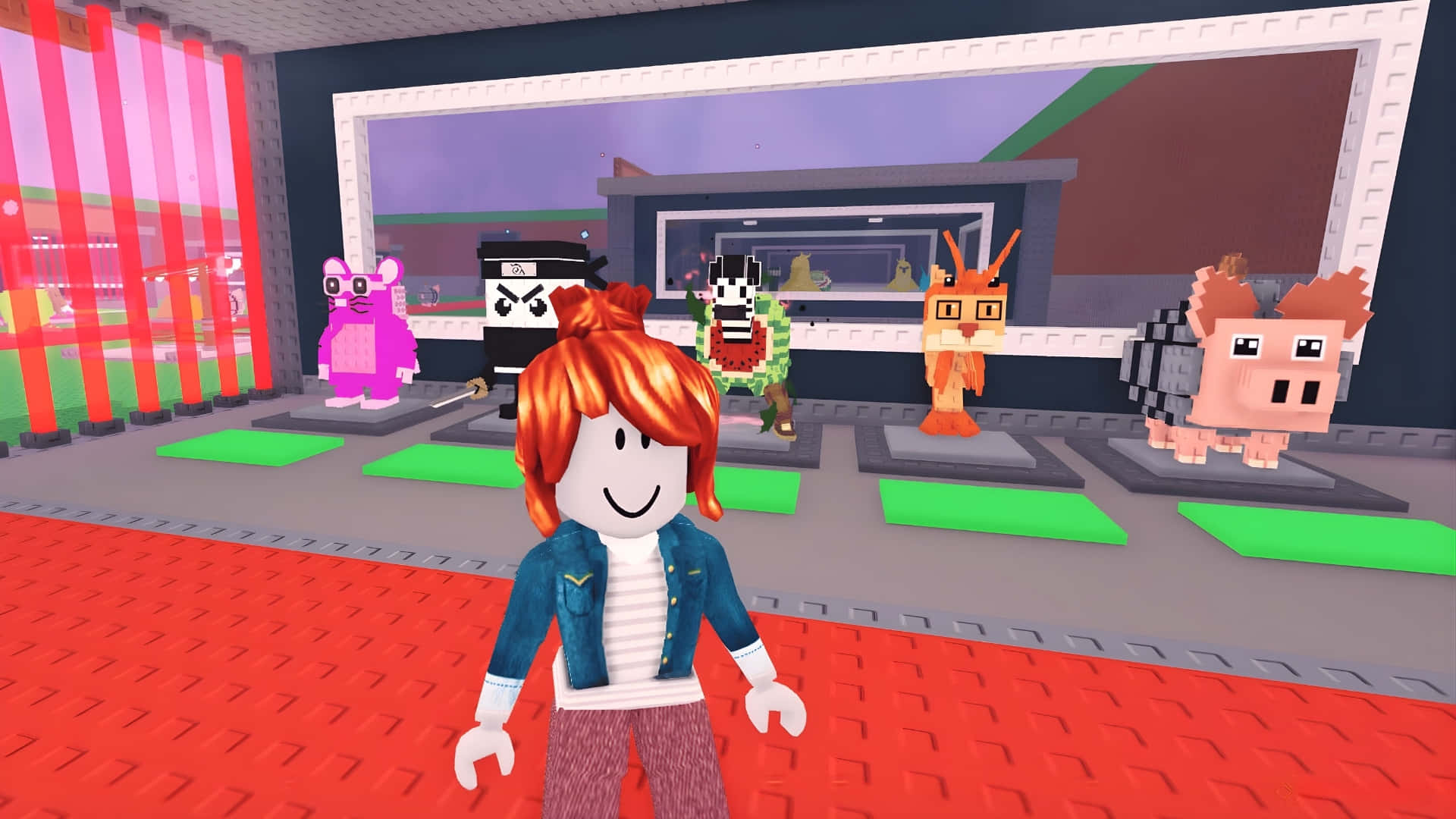  壁紙 — 一個橙色頭髮的 Roblox 角色站在一個充滿活力的數碼畫廊中，展示綠色平台上的像素化動物角色。