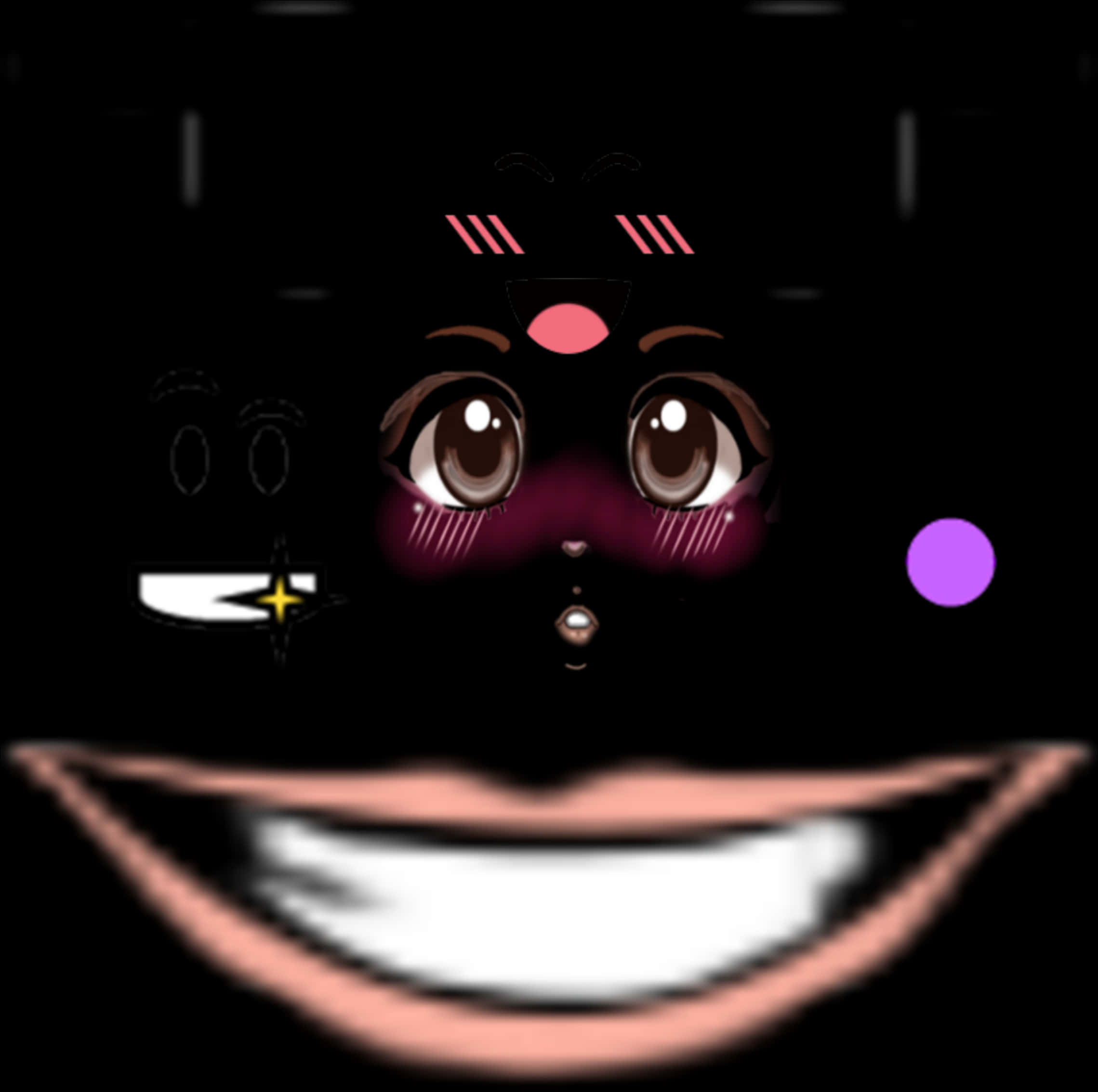 Roblox 面部發光眼微笑 壁紙 — 一個風格化的卡通臉孔，擁有大大的棕色眼睛和寬闊的露齒笑容，在黑色背景上帶有發光點綴。