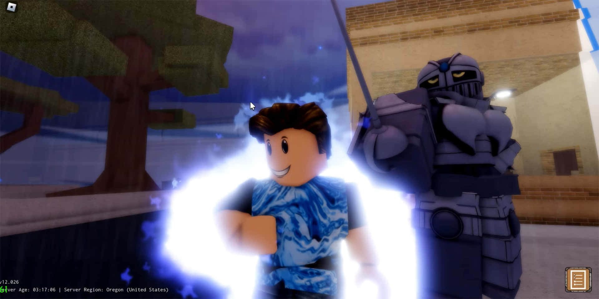  壁紙 — 一個棕色頭髮、穿著藍色襯衫的Roblox角色在方塊狀的遊戲環境中，站在一個大型裝甲機器人旁邊，發出明亮的光芒。