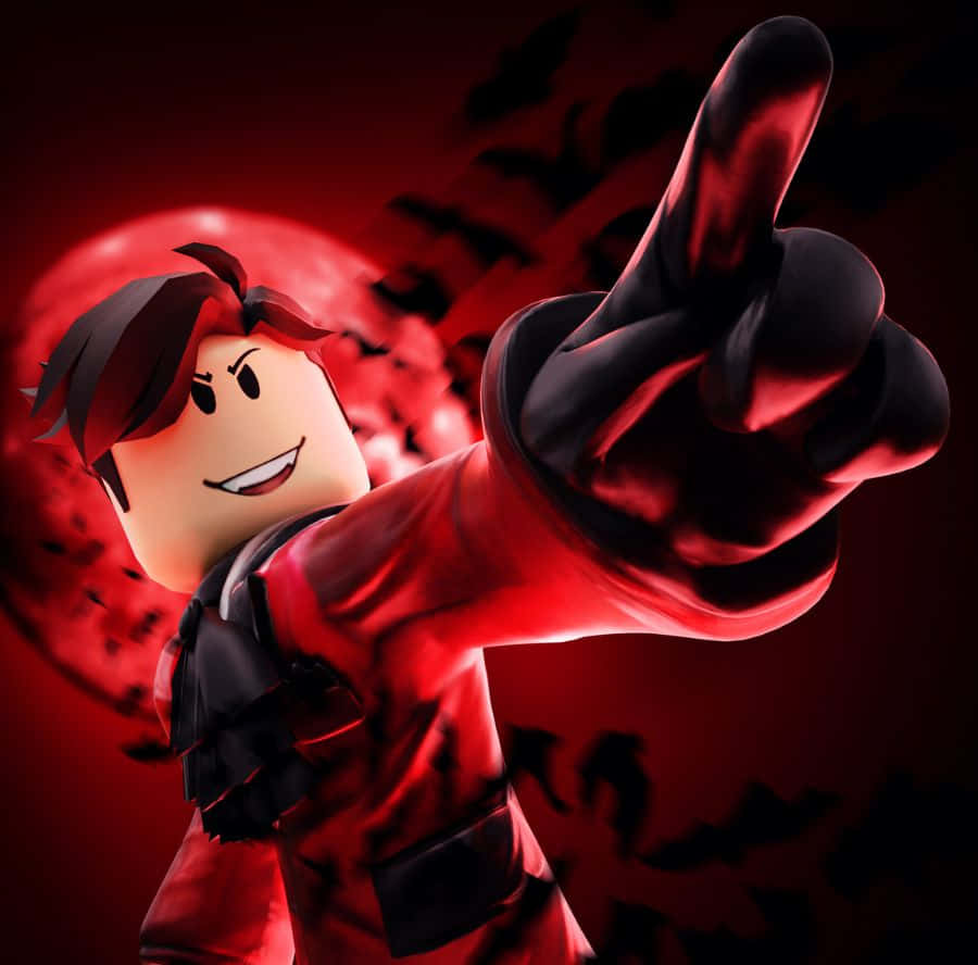  壁紙 — 一個穿著紅色服裝的 Roblox 角色，在血紅月亮和蝙蝠剪影背景下，帶著頑皮的笑容向前指。