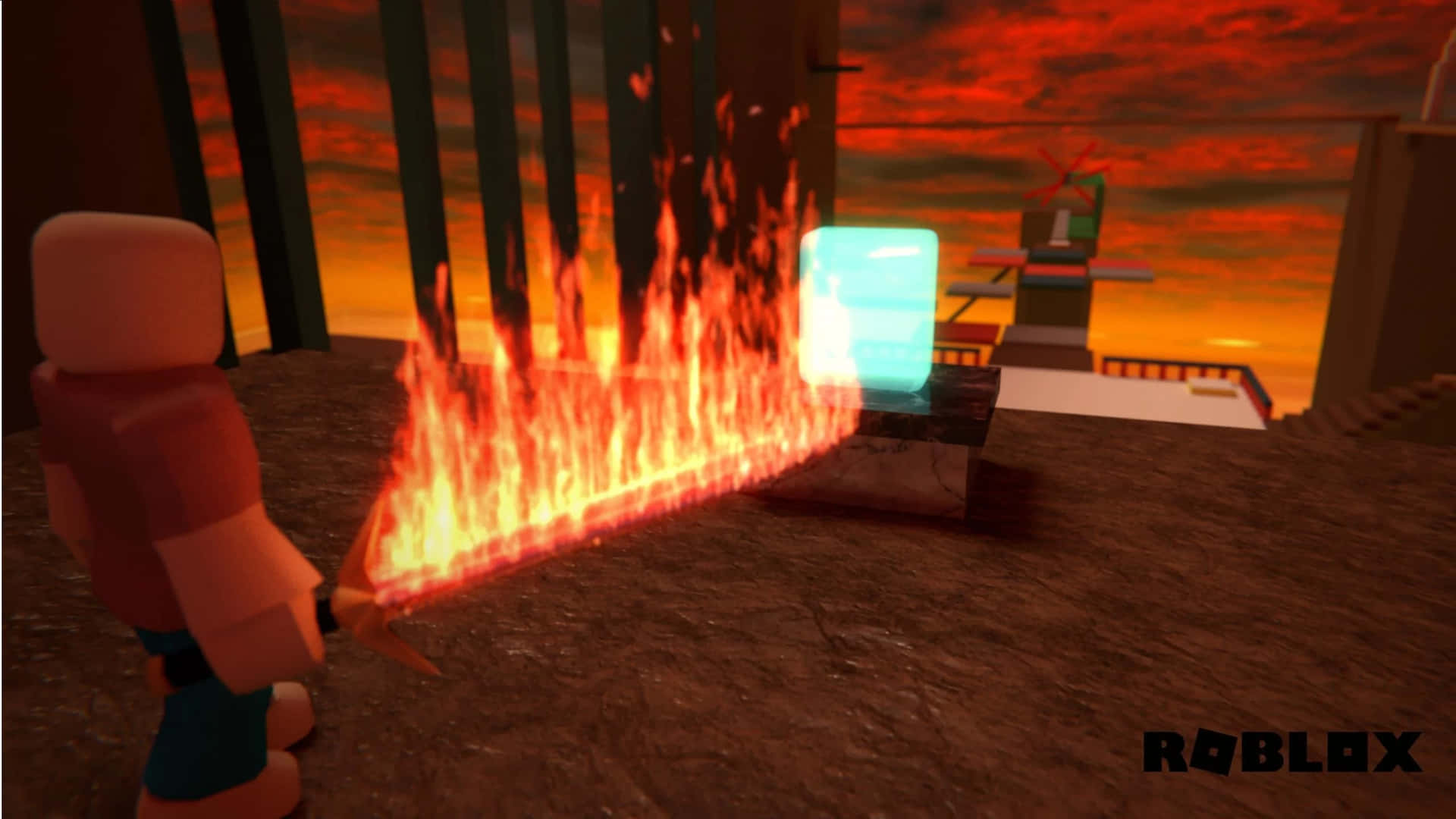  壁紙 — 一個Roblox角色在熾熱的夕陽天空下，揮舞著火焰劍對抗一個發光的方塊。