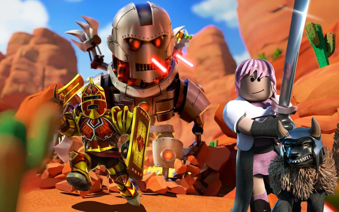  壁紙 — Roblox角色在明亮的藍天下於沙漠峽谷中與巨型機械人戰鬥。