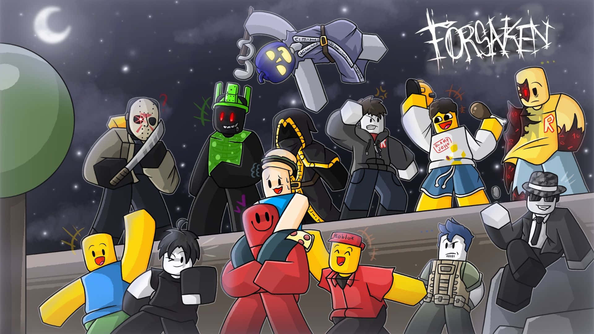  壁紙 — 一群 Roblox 風格的角色在黑暗的星空夜景中，有新月和塗鴉字樣 FORGOTTEN。