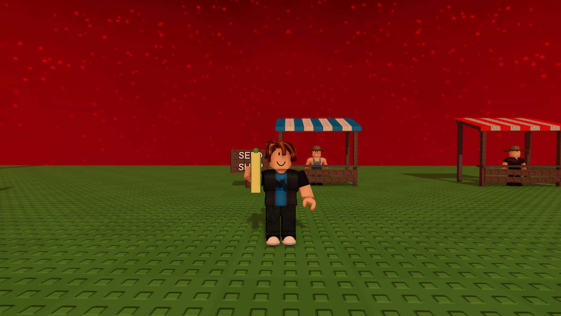  壁紙 — 一個 Roblox 風格的虛擬角色站在綠色網格地板上，在佈滿星星的紅色天空下，面對著攤檔。