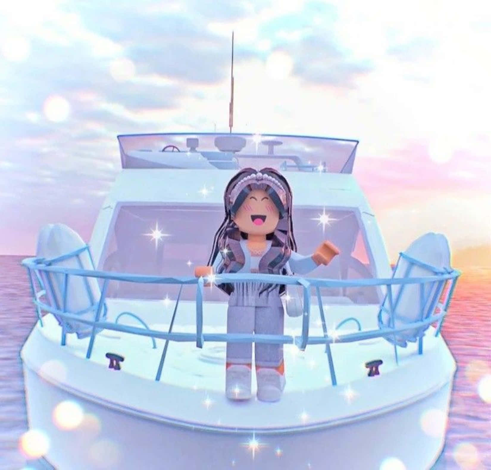 Roblox角色在夕陽下的遊艇上，帶有閃爍效果。