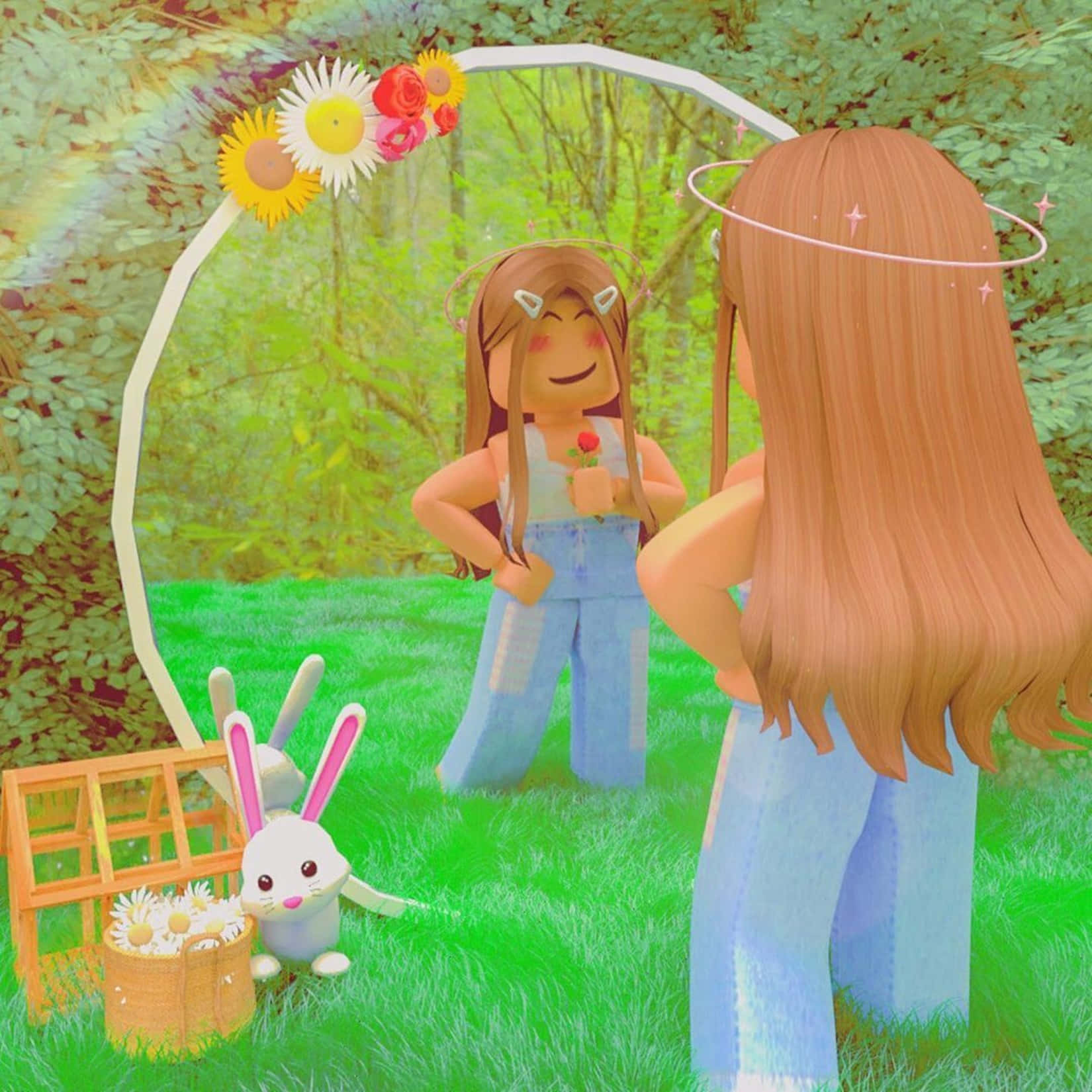 兩個戴著兔耳和光環的 Roblox 角色，在森林中，有花拱門和毛絨兔子。