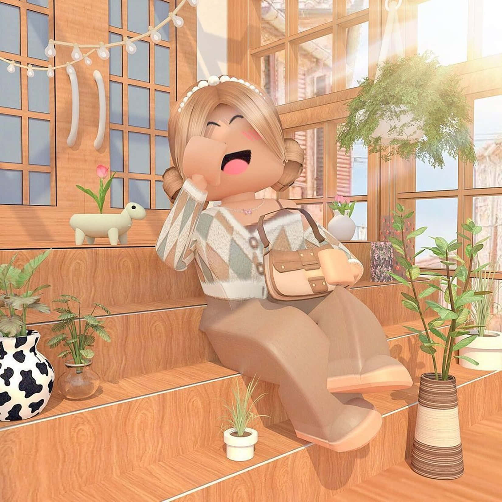 一個微笑的 Roblox 角色坐在木階梯上，周圍有植物和燈串。