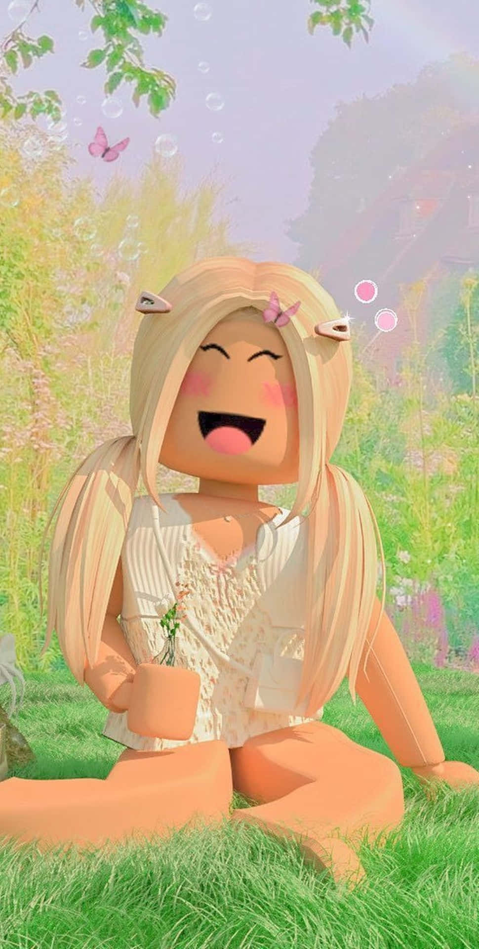 一個微笑的Roblox角色，貓耳，坐在草地上手持花朵。