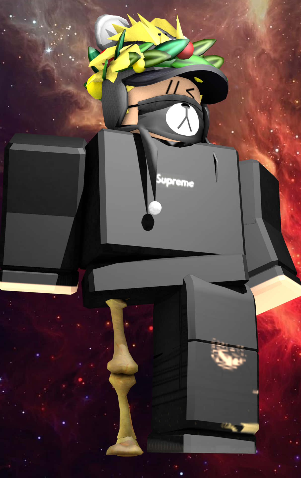 Roblox 角色戴著樹葉皇冠和 Supreme 襯衫，背景是色彩繽紛的太空。