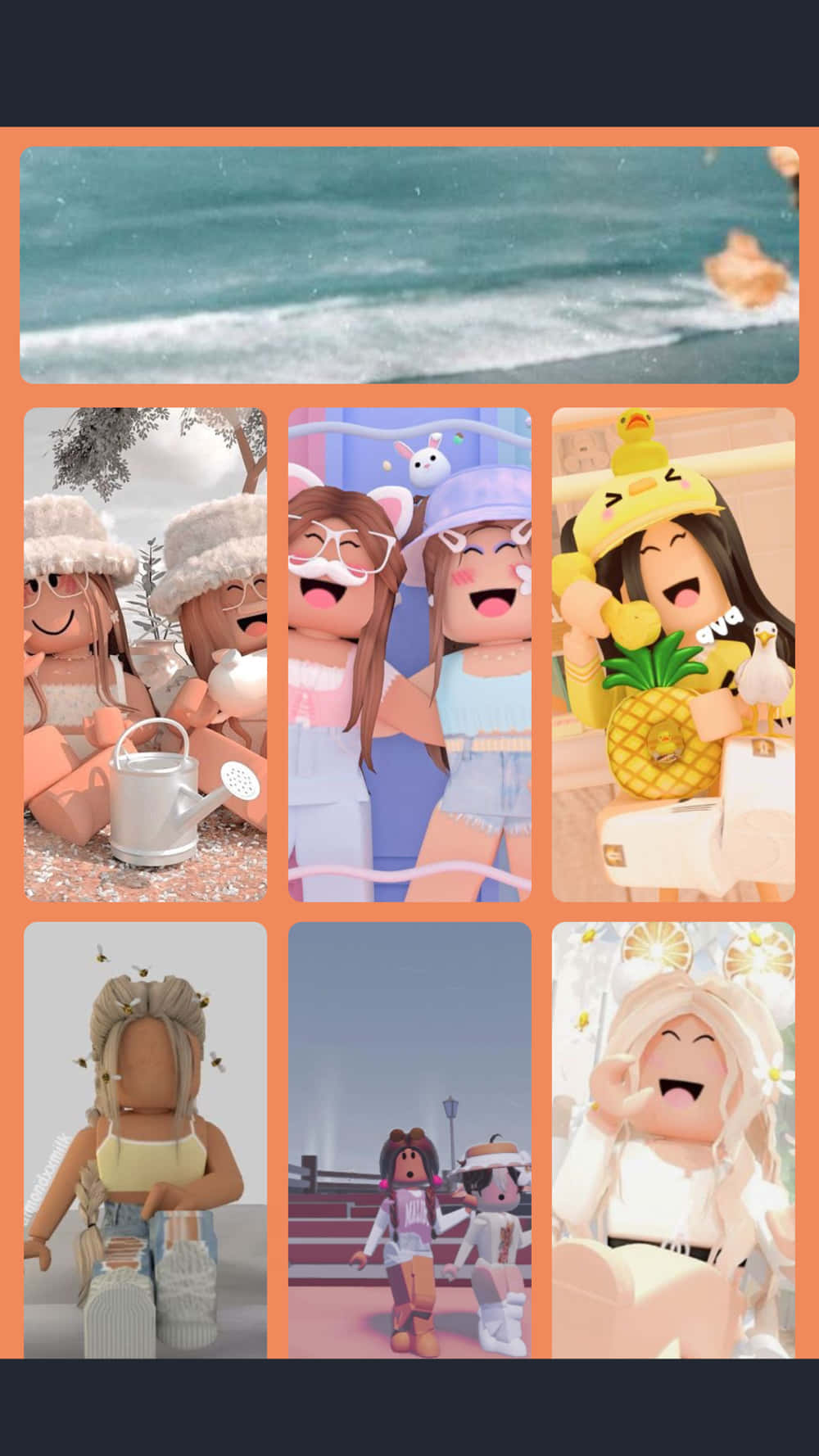 六個快樂的Roblox頭像，身處以海灘為主題的場景，搭配粉彩顏色和菠蘿道具。