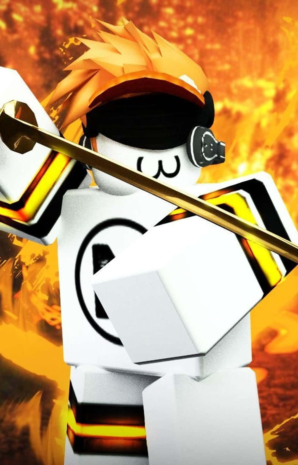 Roblox角色，橙色頭髮和護目鏡，在火熱背景前手持金色劍。