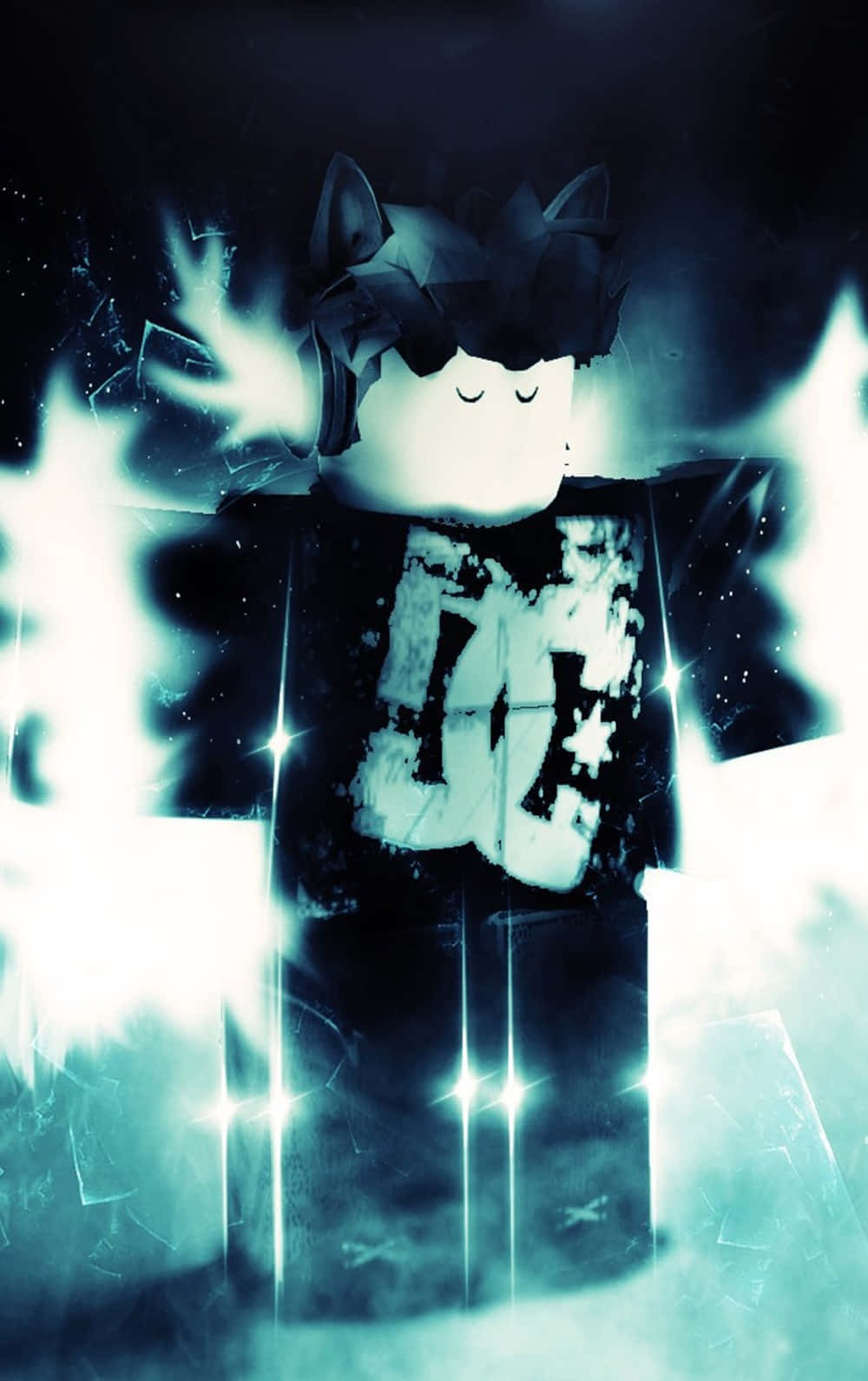 Roblox 角色帶有貓耳朵，在破碎的黑暗背景中發出藍色光芒。