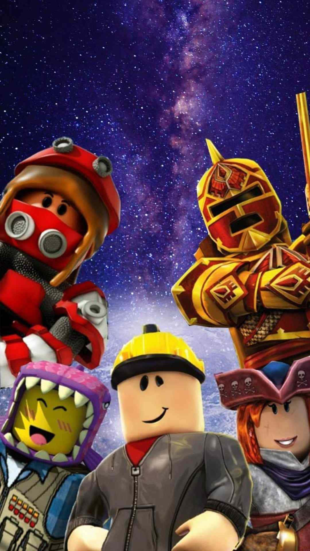 一群Roblox角色在星空銀河天空下擺姿勢。
