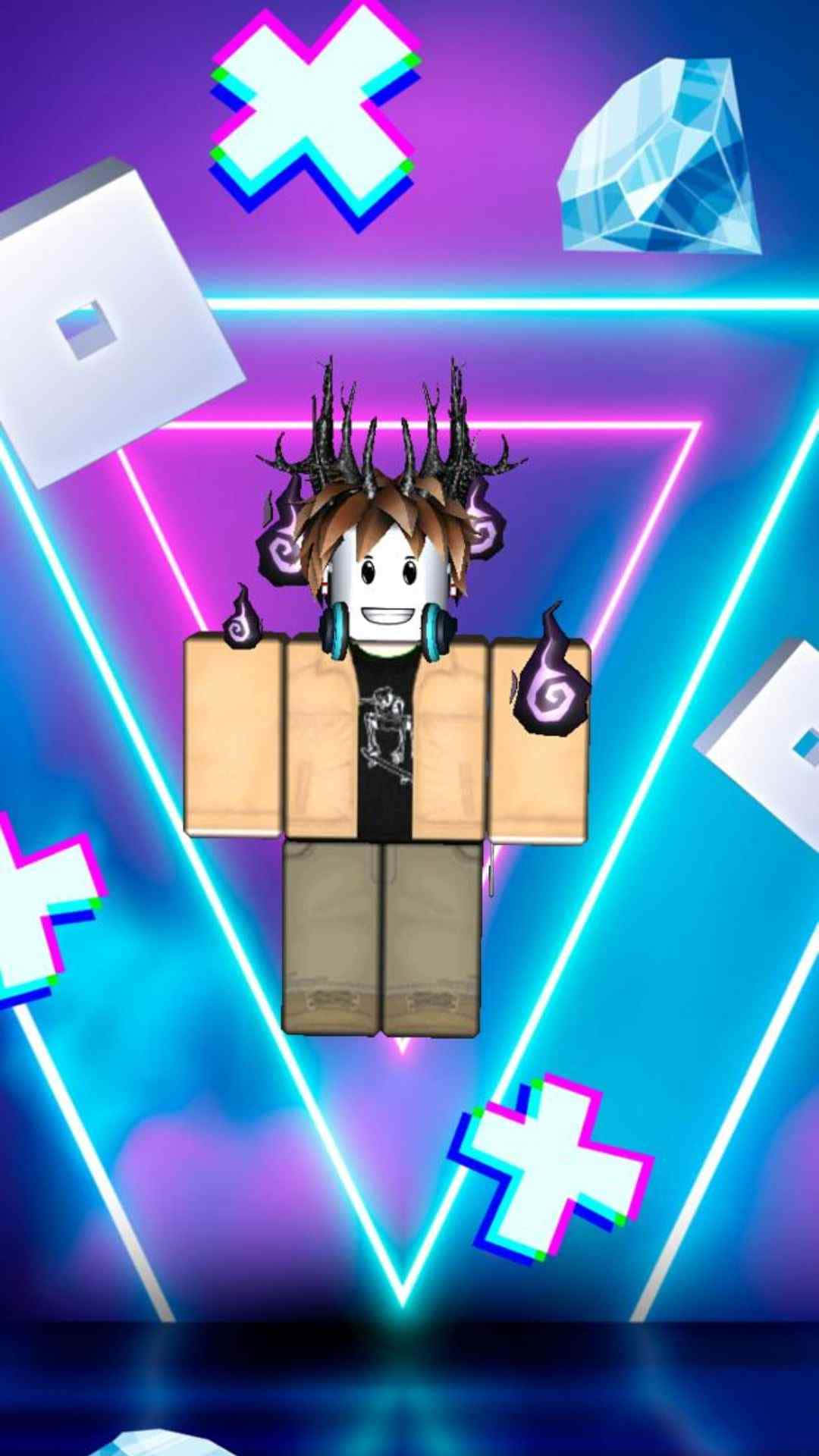 在霓虹燈照亮的幾何空間中，擁有發光配件的Roblox虛擬角色。
