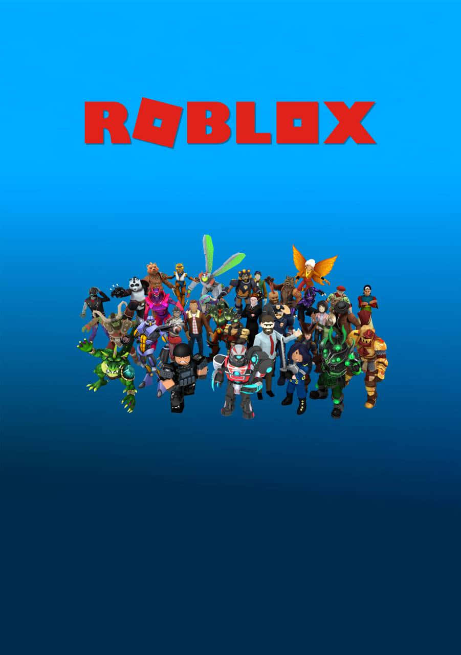 Roblox標誌位於一組色彩繽紛的方塊狀虛擬角色上方，背景為藍色漸變。
