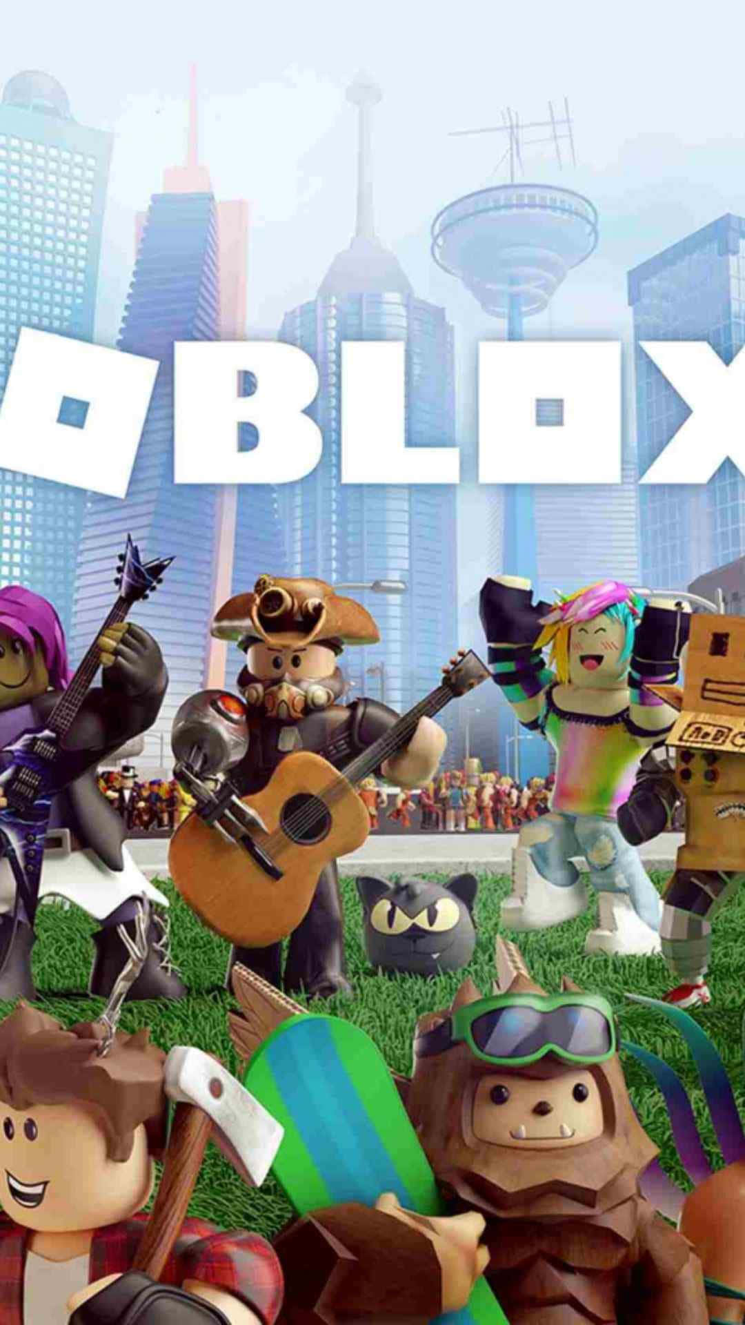 Roblox 角色在城市天際線前彈奏結他和拿著工具。